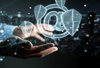 Businessman holding a hand-drawn antivirus system