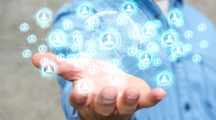 Businessman using social network interface 3D rendering