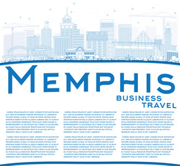 Outline Memphis Skyline with Blue Buildings and Copy Space.