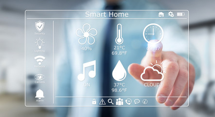 Businessman using smart home digital interface 3D rendering