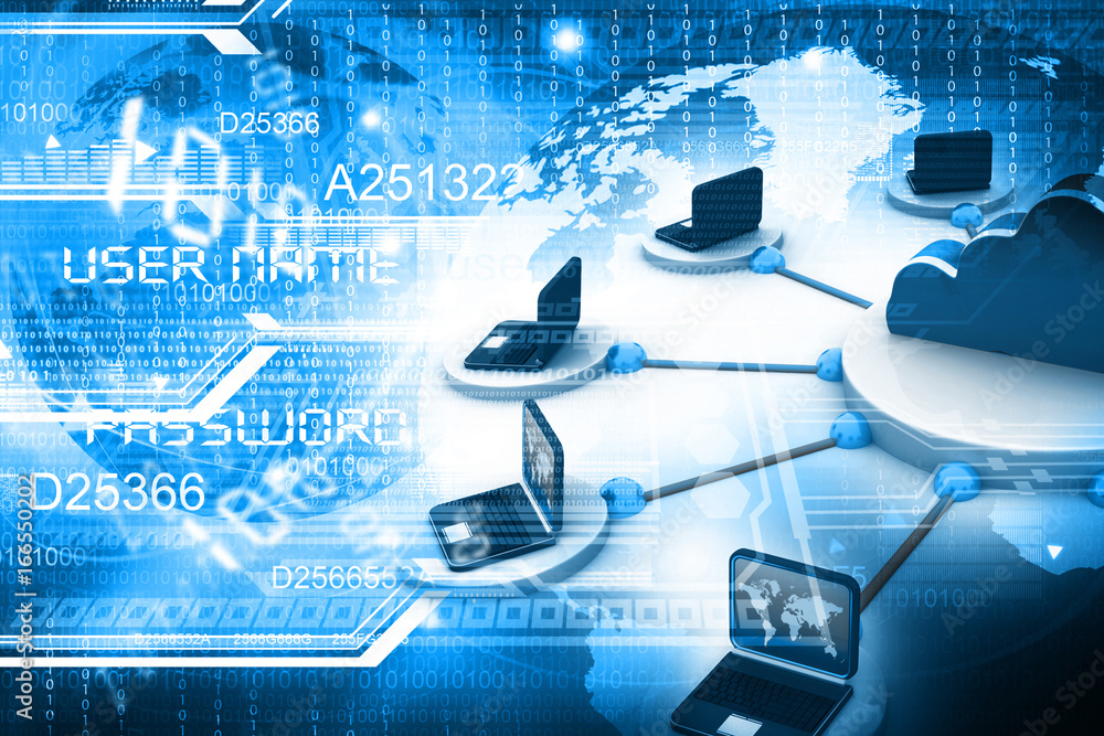 Poster computer network with server. 3d illustration