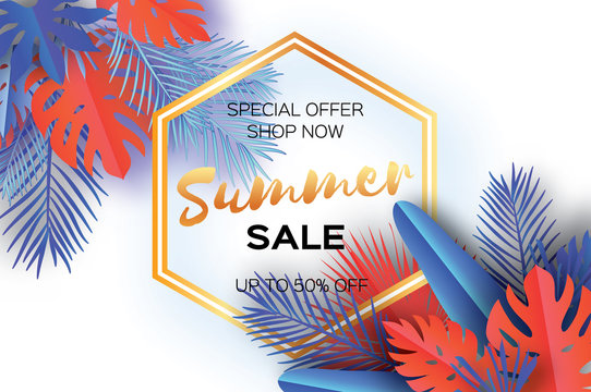 Trendy Summer Sale Template banner. Paper art Tropical palm leaves, plants. Exotic. Hawaiian. Space for text. Hexagon frame. Colorful jungle floral background. Monstera. Vector