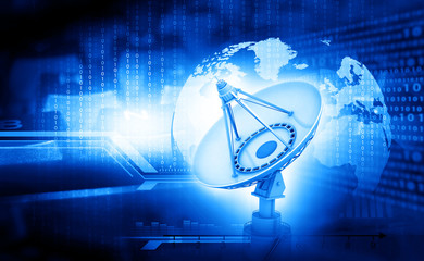 3d render of Satellite dish with global on digital  background..