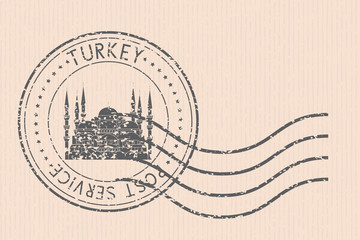 Post office round postmark with Blue mosque black icon. Istanbul, Turkey. Partially faded