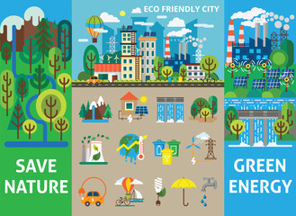 Big ecology set for info graphics. Landscape with ecology concept. Eco friendly city with buildings, transport and nature ecology elements in flat style. Vector illustration for brochures and websites