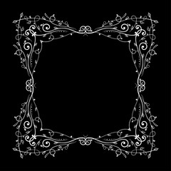 Floral vintage frame. White decorative ornament on black background
