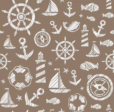 Nautical background, seamless, brown, vector. The attributes of a sea voyage on a brown background. White pictures drawn with diagonal hatching. Vector pattern. 