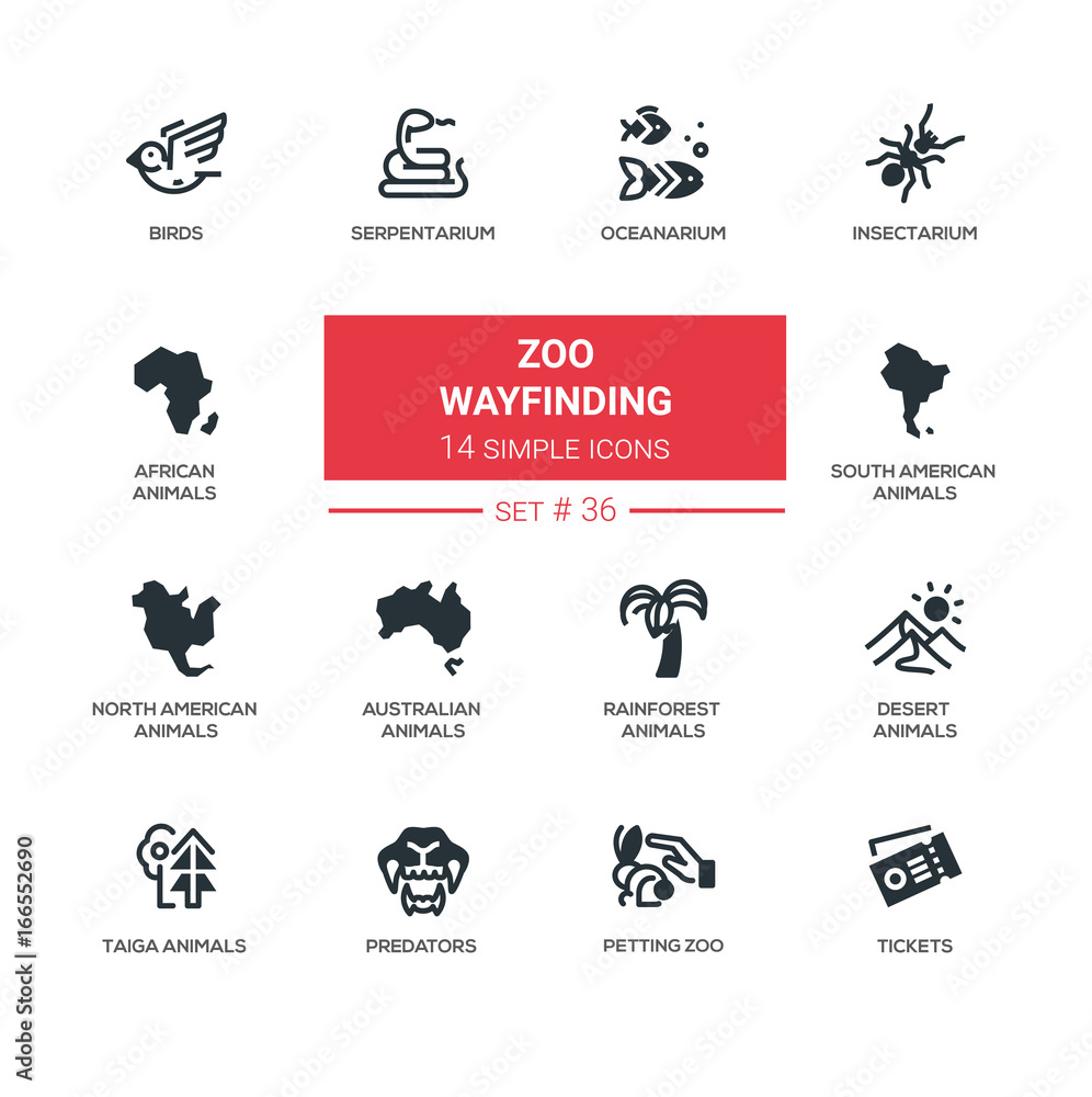 Poster zoo wayfinding - modern vector line icons set