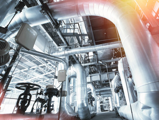 Industrial zone, Steel pipelines and cables in blue tones