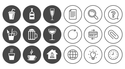Coffee, tea icons. Alcohol drinks signs.