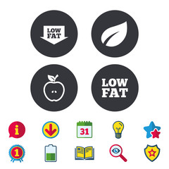 Low fat icons. Diets and vegetarian food signs.