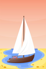 Summer time boat vacation nature tropical beach landscape of paradise island holidays lagoon vector illustration.