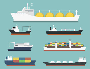 Obraz premium Cargo vessels and tankers shipping delivery bulk carrier train freight boat tankers isolated on background vector illustration
