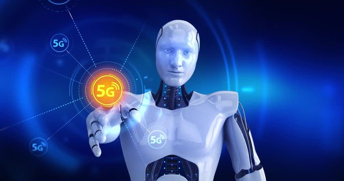 Humanoid robot touching on screen then high speed 5G symbols appears. 4K+ 3D animation concept.