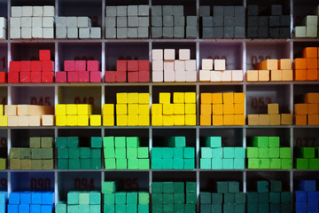 Colorful square pastels in an art supplies store