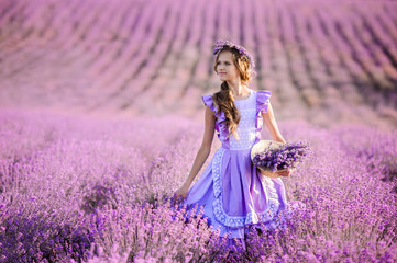 Fototapeta na wymiar Beautiful girl in a field of lavender on sunset. Girl in amazing dress walk on the lavender field.