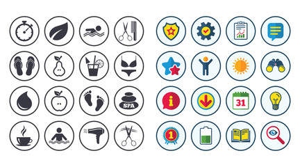 Set of Swimming pool, Spa and Hairdressing icons.