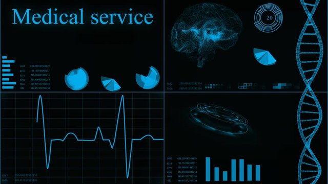 Futuristic user interface with heart scan and electrocardiogram illustrations, brain scan, DNA. Abstract virtual graphics for a medical application. HUD