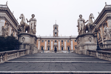 Cordonata staircase and white statues of Castor and Pollux in Piazza del Campidoglio (Capitoline Square) on the Capitoline Hill, Rome, Italy
