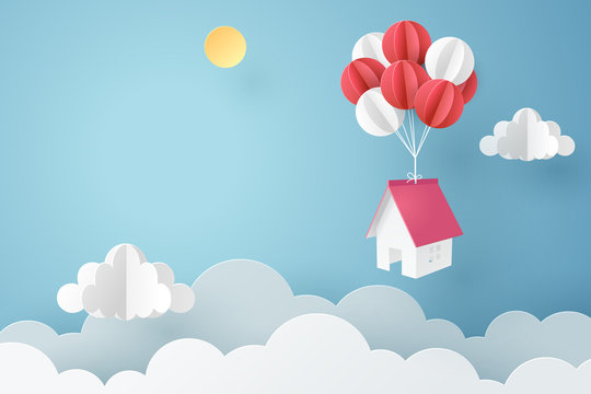 Paper art of house hanging with colorful balloon, business concept and asset management idea