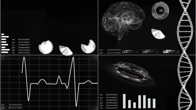 Futuristic user interface with heart scan and electrocardiogram illustrations, brain scan, DNA. Abstract virtual graphics for a medical application. HUD