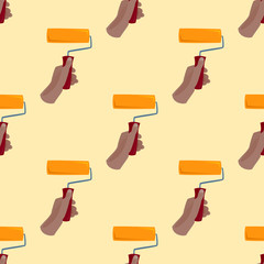 Hand with paint roller construction tool vector seamless pattern house renovation handyman illustration
