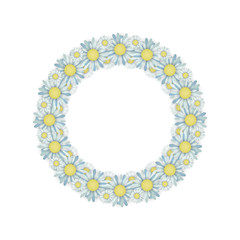 Greeting card with the wreath of daisies on white background.
