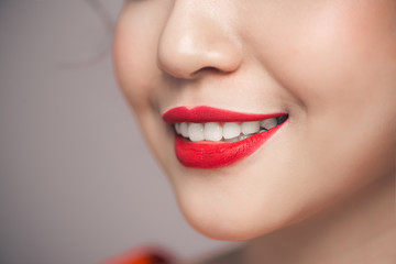 Obraz premium Red Sexy Lips closeup. Make up concept. Beautiful Perfect Lips.