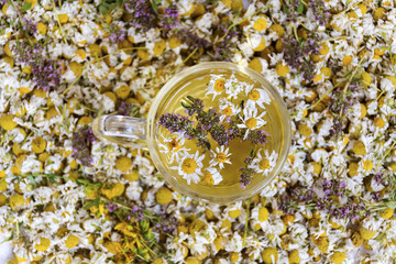 cup of healthy herbal tea with dried chamomile flowers and thyme 