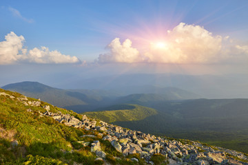 Field in mountains during sunrise. Natural landscape