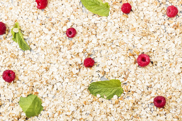 Glanola with raspberry and mint. Top view. Food background