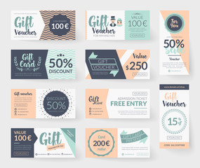 Vector gift voucher illustrations. Vintage style design, romantic color palette, resources and elements.  Background template for gift card, discount coupon and entry ticket. - 166557411