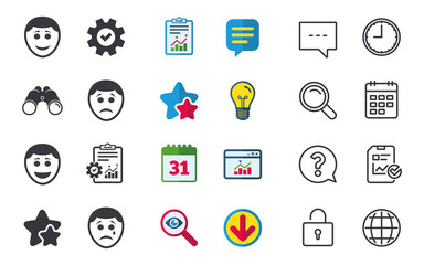 Human smile face icons. Happy, sad, cry.