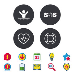 SOS lifebuoy icon. Heartbeat cardiogram.