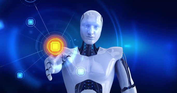Humanoid robot touching on screen then computer cpu symbols appears. 4K+ 3D animation concept.