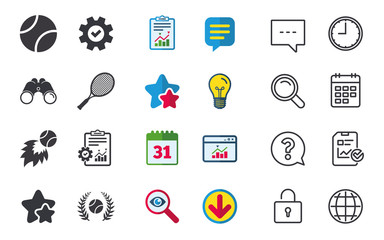 Tennis ball and racket icons. Laurel wreath.