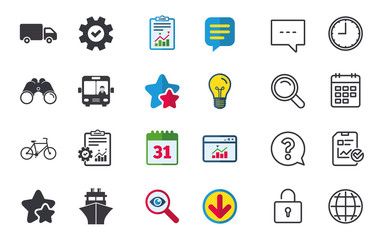 Transport icons. Truck, Bicycle, Bus and Ship.