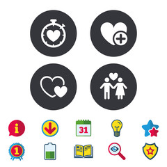 Valentine day icons. Love heart timer sign.