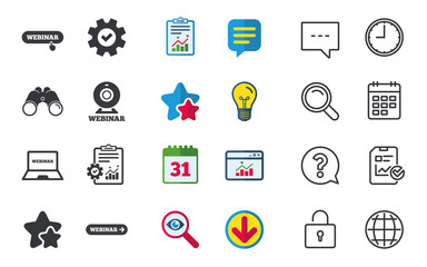 Webinar icons. Web camera and notebook pc signs.