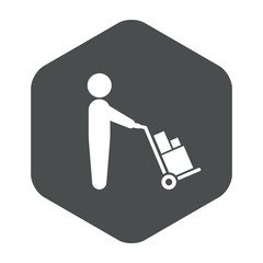 Icono plano hombre con carretilla en hexagono gris