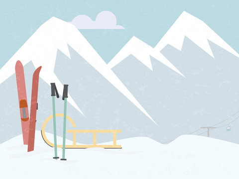 Winter mountain skiing retro styled vector illustration