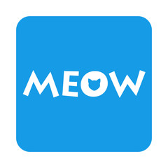 Icono plano MEOW con cabeza gato en o en cuadrado azul