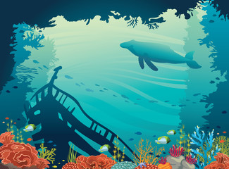 Sunken ship, coral reef, whale, underwater sea.