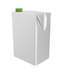 3D realistic render of milk, juice or cream carton. Green lid. White background. Clipping path. Empty template for your design. Front side.