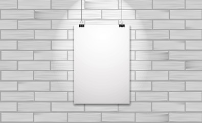 One poster on white brick wall. Vector realistic mock up illustration.