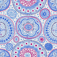 Seamless pattern. Seamless botanic texture, detailed dots and circles illustrations. Ethnic pattern in doodle style, summer floral background. All elements are not cropped and hidden under mask.