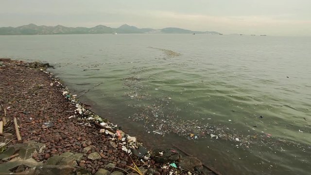 Water pollution - various dirt floating at water surface; south china sea; steadicam shot; 