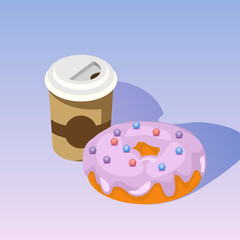 Coffee and donut isometric vector illustration