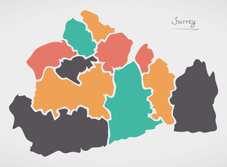 Surrey England Map with states and modern round shapes