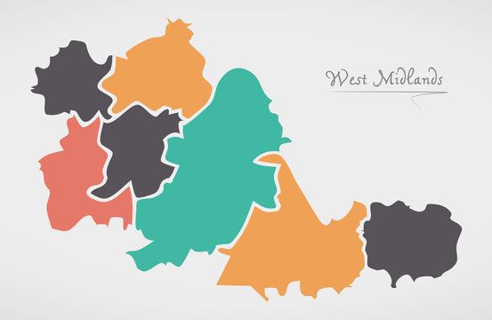 West Midlands England Map with states and modern round shapes